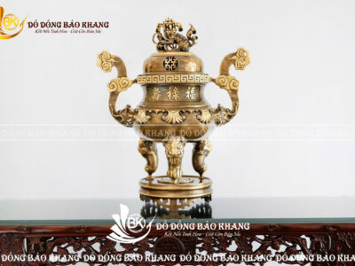 Lư Đỉnh Hoa Sòi Bằng Đồng Vàng Màu Giả Cổ Cao 60cm