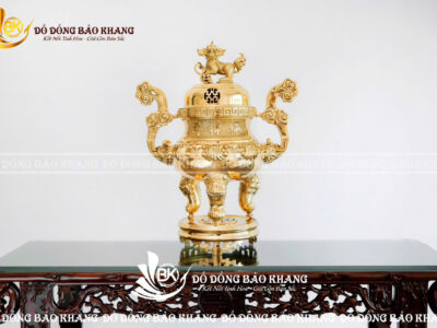 Lư Đỉnh Hoa Sòi Bằng Đồng Vàng Màu Vàng Bóng Cao 60cm