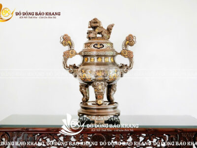 Lư Đỉnh Khảm Ngũ Sắc 5 Chữ Vàng Bằng Đồng Đỏ Cao 60cm