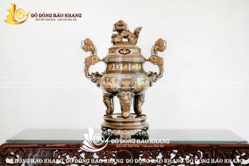 Lư Đỉnh Khảm Ngũ Sắc 5 Chữ Vàng Bằng Đồng Đỏ Cao 60cm