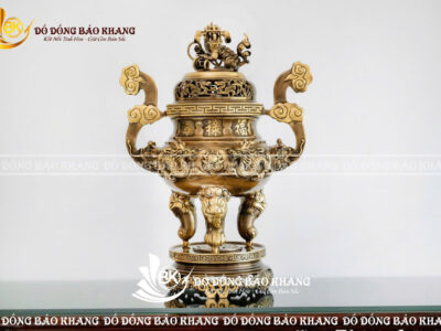 Lư Đỉnh Rồng Bằng Đồng Vàng Màu Giả Cổ Cao 60cm