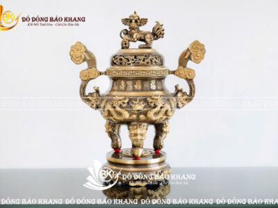 Lư Đỉnh Rồng Đúc Nổi 3D Bằng Đồng Vàng Màu Giả Cổ Cao 42cm