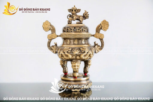 Lư Đỉnh Rồng Đúc Nổi 3D Bằng Đồng Vàng Màu Giả Cổ Cao 42cm