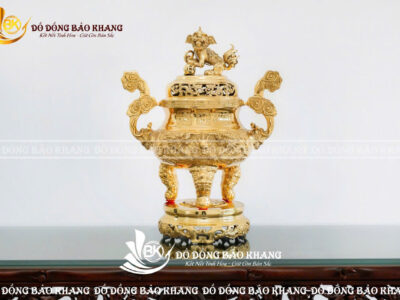 Lư Đỉnh Rồng Đúc Nổi 3D Bằng Đồng Vàng Màu Vàng Bóng Cao 42cm