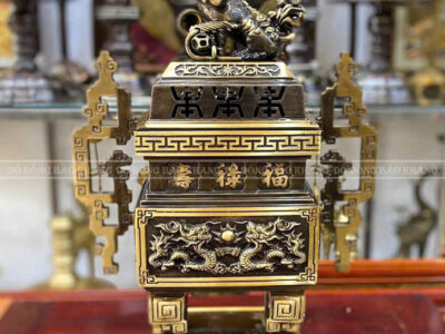 Lư Đỉnh Vuông Lối Cổ Bằng Đồng Màu Công Nghệ Cao 60cm