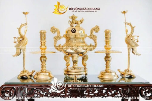 Bộ Ngũ Sự Đỉnh Hoa Sòi Tai Mây Bằng Đồng Vàng Cao 60cm