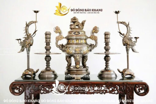 Bộ Ngũ Sự Đỉnh Rồng Đúc Liền Khối Khảm Ngũ Sắc Cao 62cm
