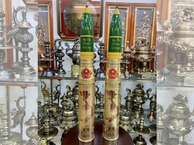 Đôi Vỏ Đạn Pháo 100li Nga Ăn Mòn Hoa Văn Trống Đồng Mạ Đồng Đỏ