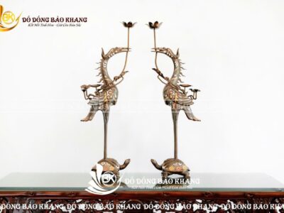 Đôi Hạc Thờ Bằng Đồng Khảm Ngũ Sắc Cao Cấp Cao 62cm