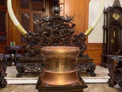 Quả Trống Đồng Ngọc Lũ Bằng Đồng Đỏ Đúc Hoa Văn Chìm Đường Kính 60cm