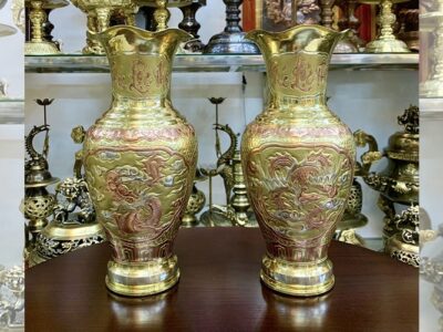 Cặp Lọ Hoa Trạm Tứ Linh Mạ Bạc, Đồng Đỏ Cao 33cm