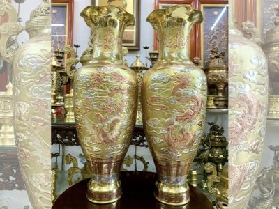 Đôi Lộc Bình Trạm Hoa Văn Tứ Linh, Cổ Chữ Phúc Lộc Thọ Mạ Bạc và Đồng Đỏ Cao 69cm