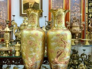 Đôi Lộc Bình Trạm Hoa Văn Tứ Quý, Cổ Chữ Phúc Lộc Mạ Bạc Và Đồng Đỏ Cao 86cm