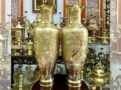 Đôi Lộc Bình Trạm Hoa Văn Tứ Quý, Cổ Chữ Phúc Lộc Mạ Bạc Và Đồng Đỏ Cao 86cm