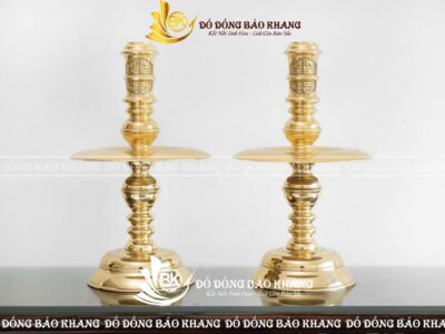 Đôi Chân Nến Bằng Đồng Cổ Chữ Thọ Màu Vàng Bóng Cao 48cm