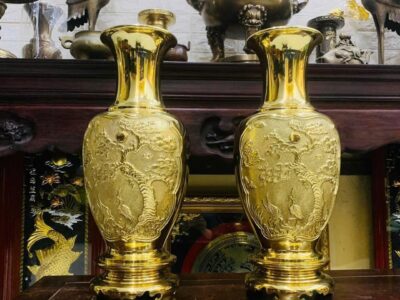 Cặp Lộc Bình Đồng Vĩnh Tiến Đúc Tích Tùng Hạc Cao 60cm