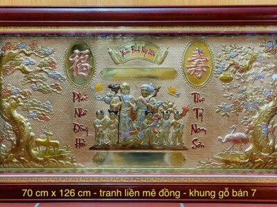 Tranh Mừng Thọ Ông Bà Bằng Đồng Nguyên Tấm Nền Vàng Kích Thước 86x166 (cm)