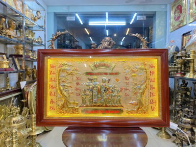 Tranh Mừng Thọ Ông Bà Bằng Đồng Nguyên Tấm Nền Vàng Kích Thước 63×107 (cm)