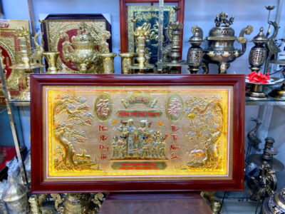 Tranh Mừng Thọ Ông Bà Bằng Đồng Nguyên Tấm Nền Vàng Kích Thước 70x126 (cm)