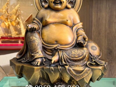 Tượng Phật Di Lặc Ngồi Đế Sen Bằng Đồng Màu Trầm Cổ Cao 45cm