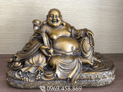 Tượng Phật Di Lặc Cầm Gậy Như Ý Bằng Đồng Ngang 37cm