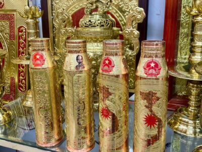 Vỏ Đạn Pháo 57li Ăn Mòn Hoa Văn Trống Đồng , Tứ Quý Mạ Đồng Đỏ