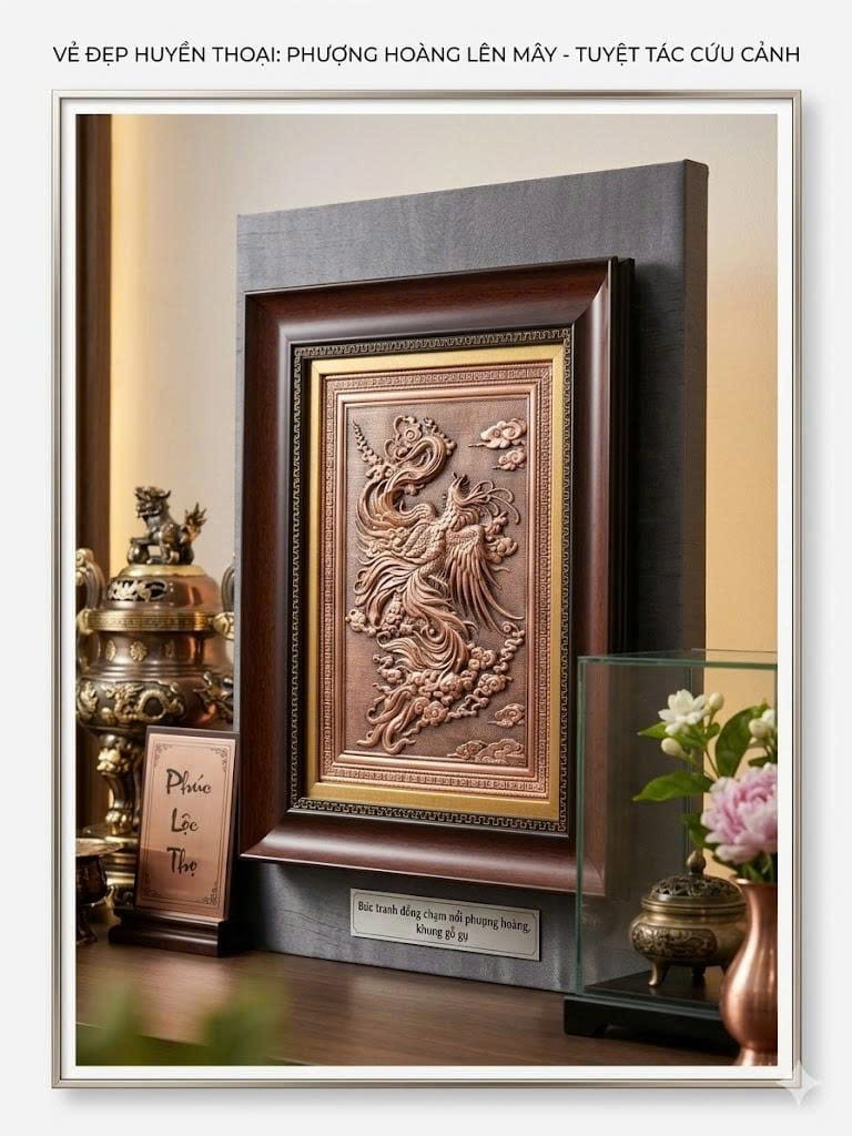 Tranh Phượng Hoàng bằng đồng đỏ kích thước 28x38 (cm)